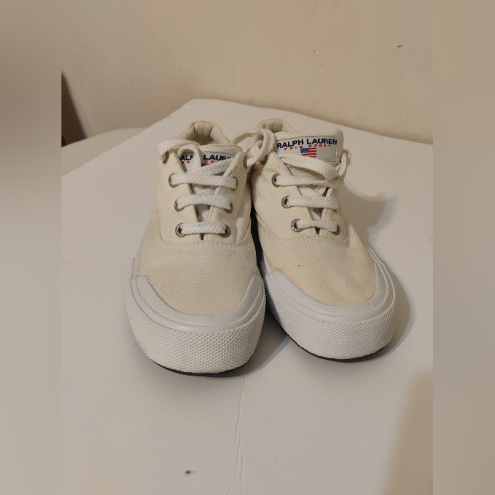 Polo Sport Ralph Lauren Canvas Shoes Size 7 1/2 Cream Spellout Deck Shoes